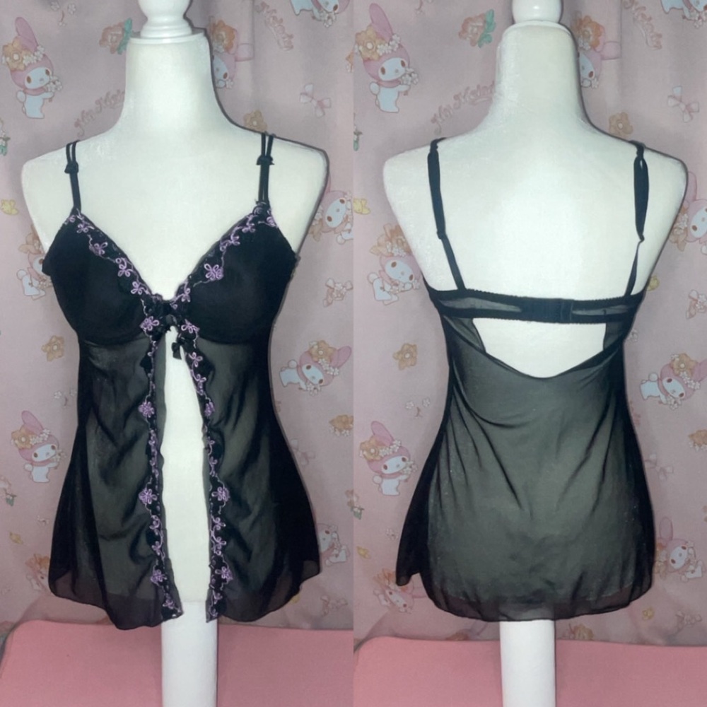 Black Mesh Open Cami with Bows and Purple Floral Details